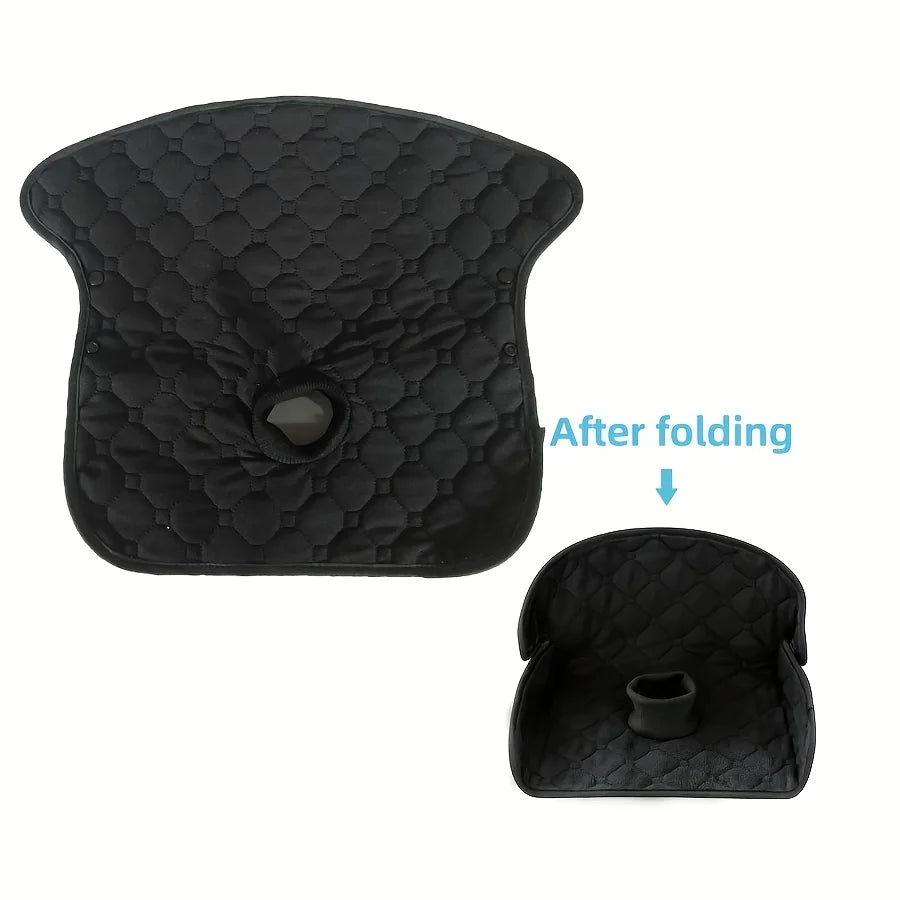 Black leak-proof baby seat pad for strollers and car seats shown in both unfolded and folded states
