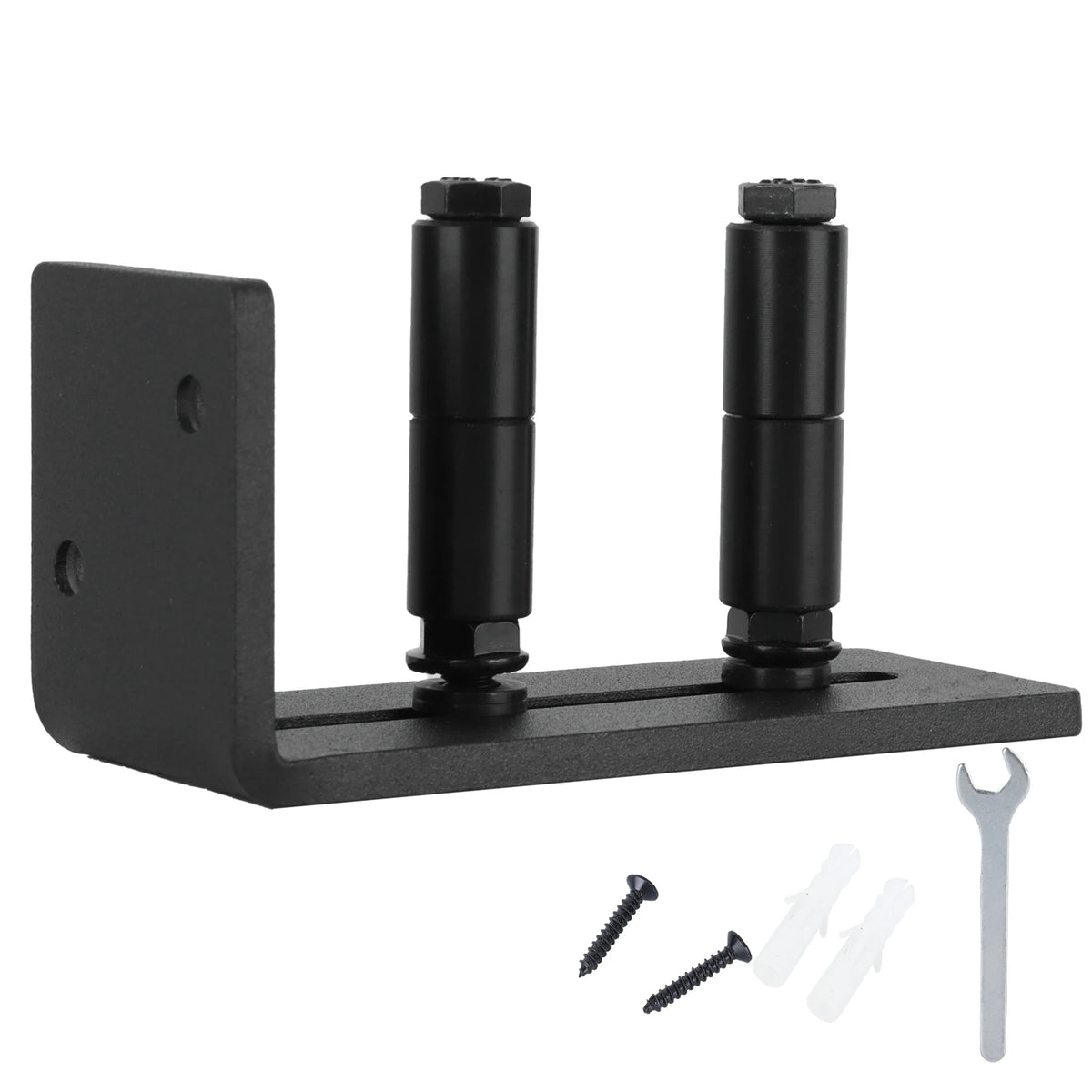 Flush-mount carbon steel sliding door floor guide with two vertical posts and mounting plate.