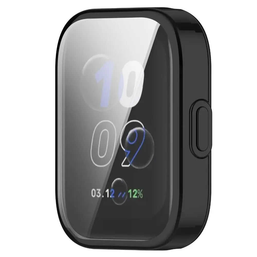 A black protective TPU case for an Amazfit Bip 5 Unity smartwatch displaying a digital interface.