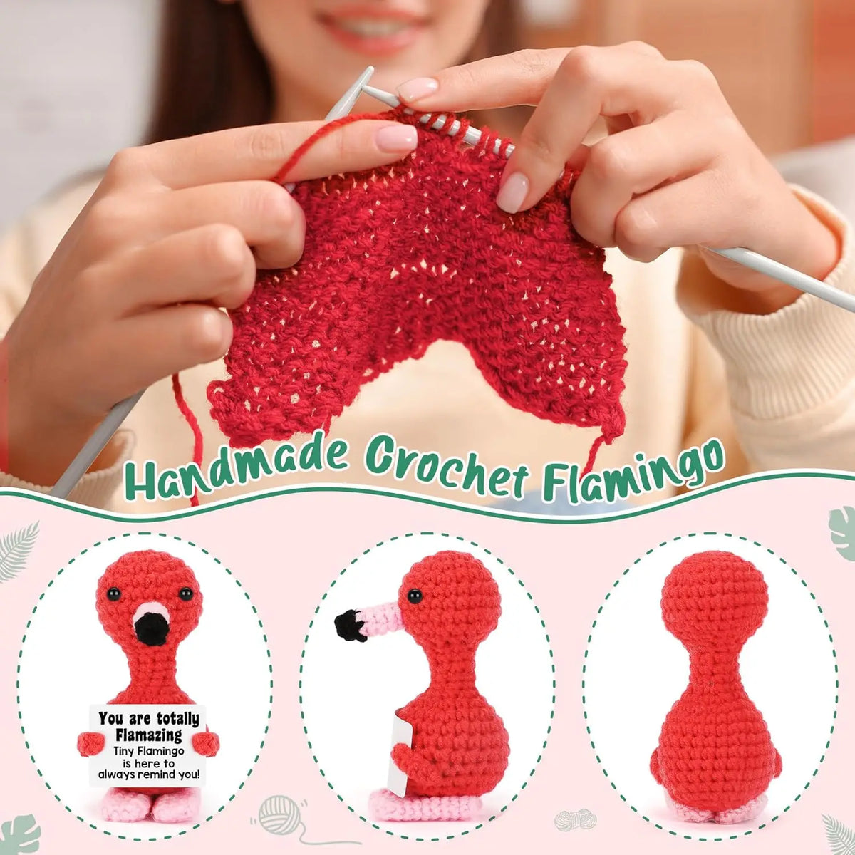 A close-up of a handmade crochet flamingo doll in red, being held by hands.