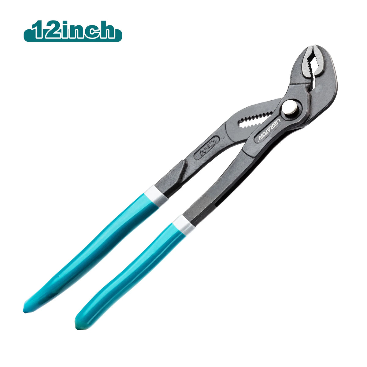 A pair of silver multi-function pliers with blue handles and a 12-inch measurement mark.