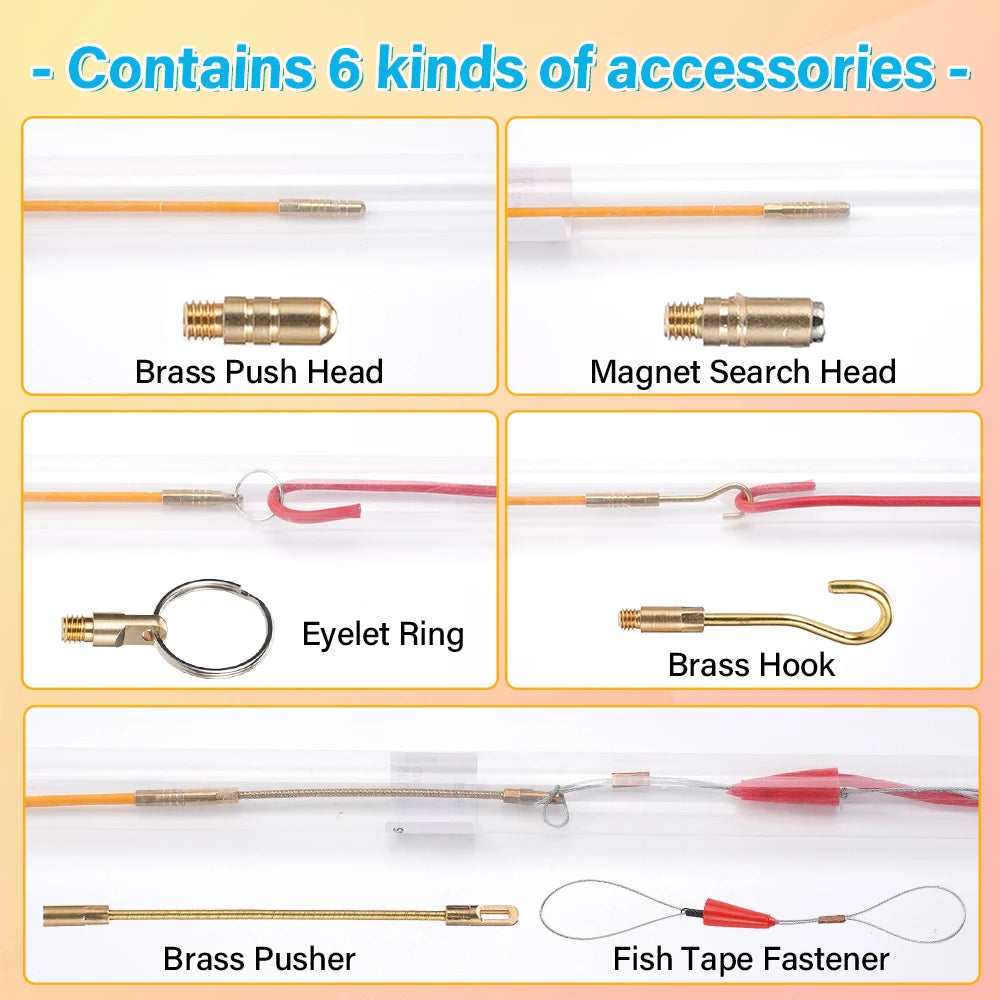 A set of fiberglass fish tape wire pulling kit with six brass accessories including push heads, magnet search head, eyelet ri