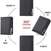 A black slim vertical leather wallet shown from the front, inner, side, and back angles.