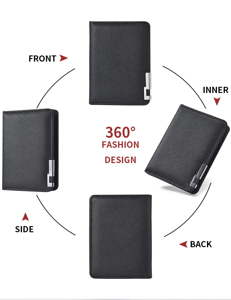 A black slim vertical leather wallet shown from the front, inner, side, and back angles.