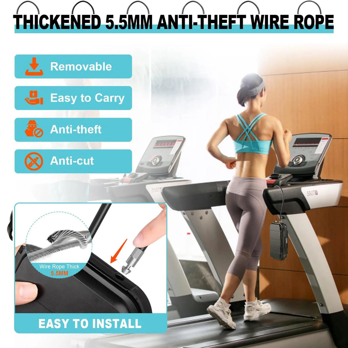 Thickened 5.5mm anti-theft wire rope displayed on a treadmill for easy installation.