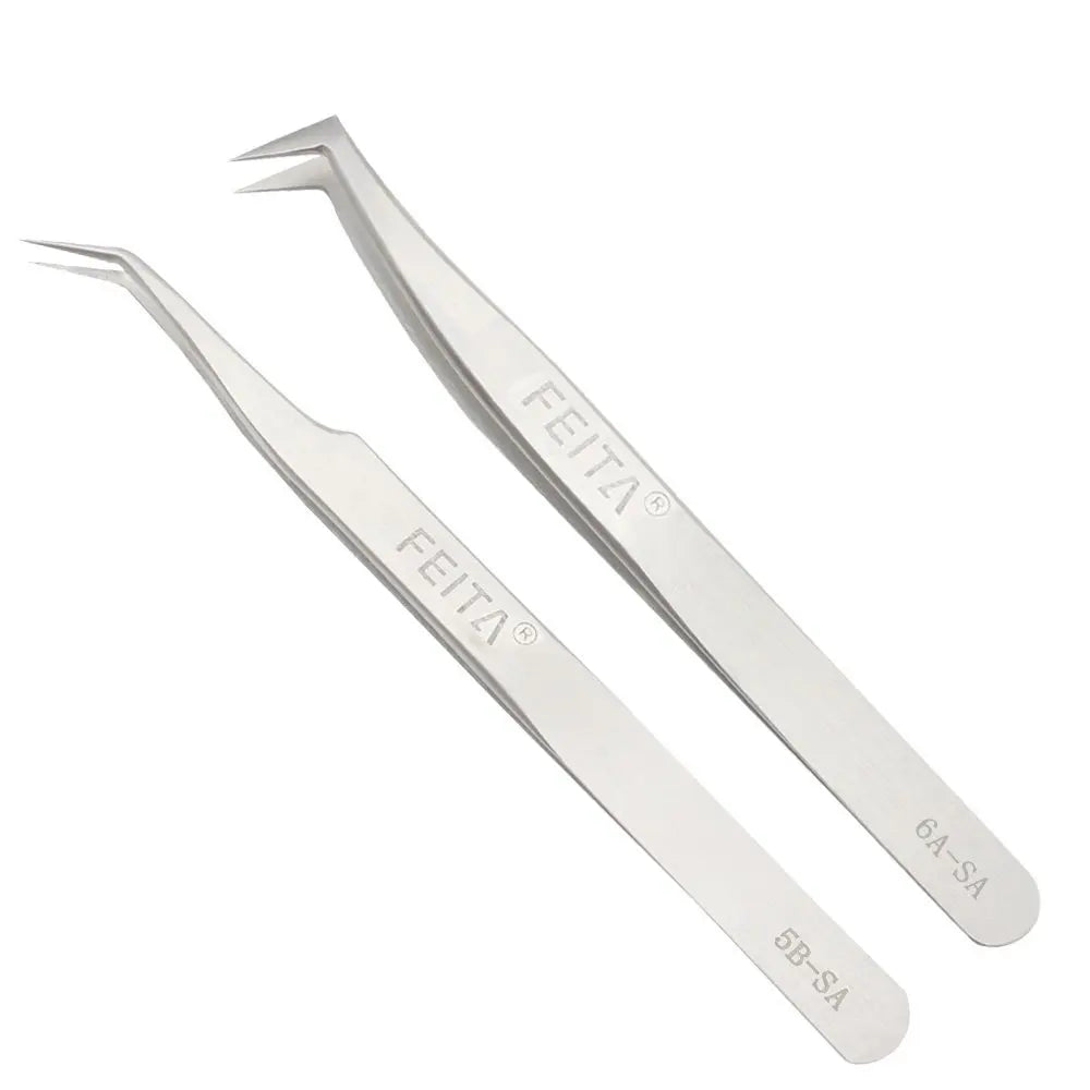 A pair of precision stainless steel tweezers shown against a white background.