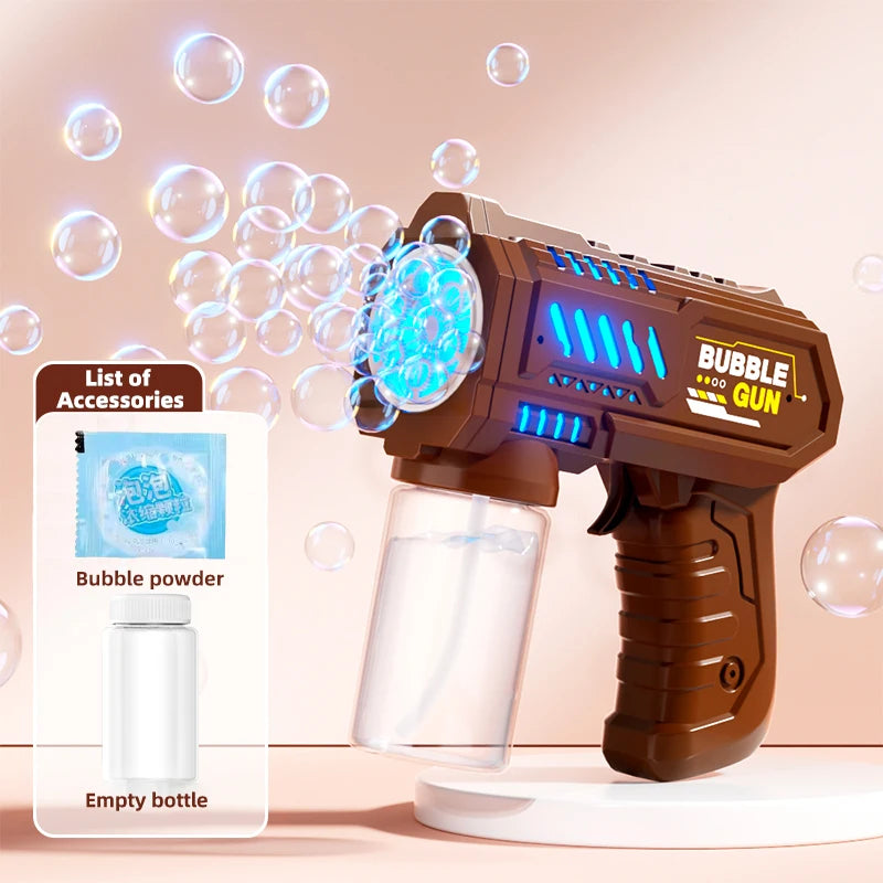 A brown automatic bubble gun is shown with a clear bottle and floating bubbles, demonstrating an outdoor fun machine.