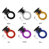 A collection of sporty trailer hook decorative accents in various colors including black, silver, gold, red, purple, and blue