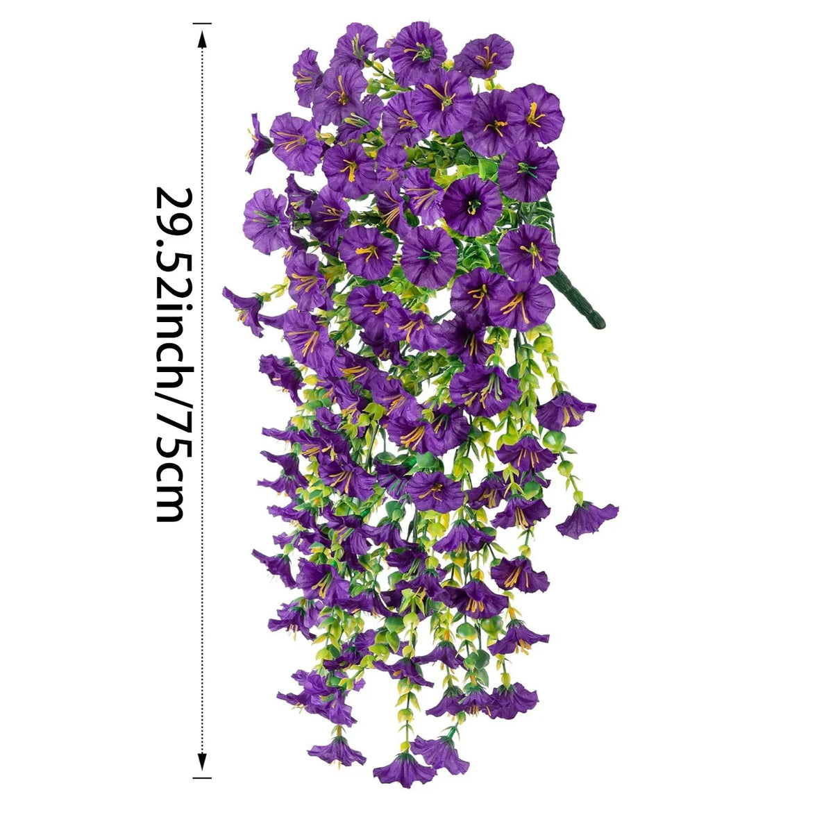 Une longue guirlande de fleurs de soie suspendue, avec des fleurs de pivoine violettes et vertes.
