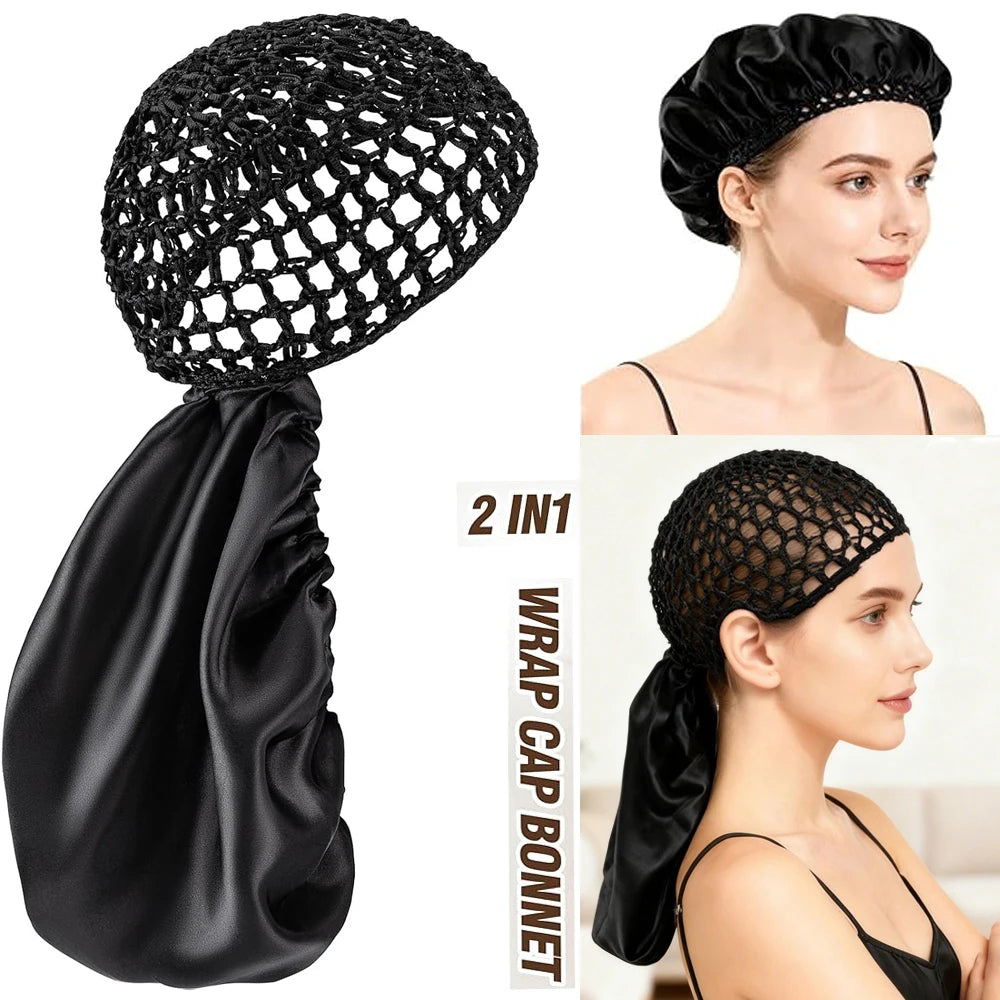 Black mesh crochet hair net or bonnet worn by a woman