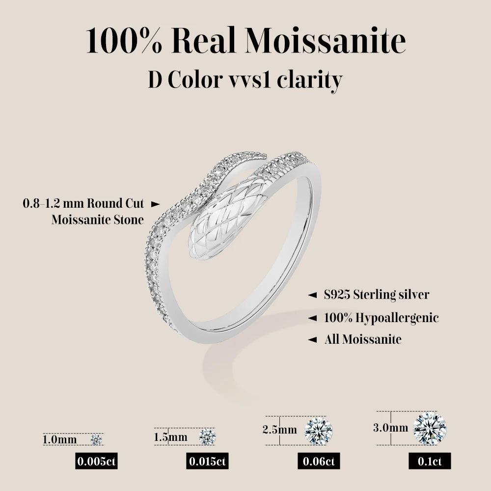 A close-up view of a D color moissanite ring with a snake design set in S925 sterling silver.