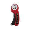 A red rotary cutter sewing kit with a cutting mat, ruler, and spare blades is shown.