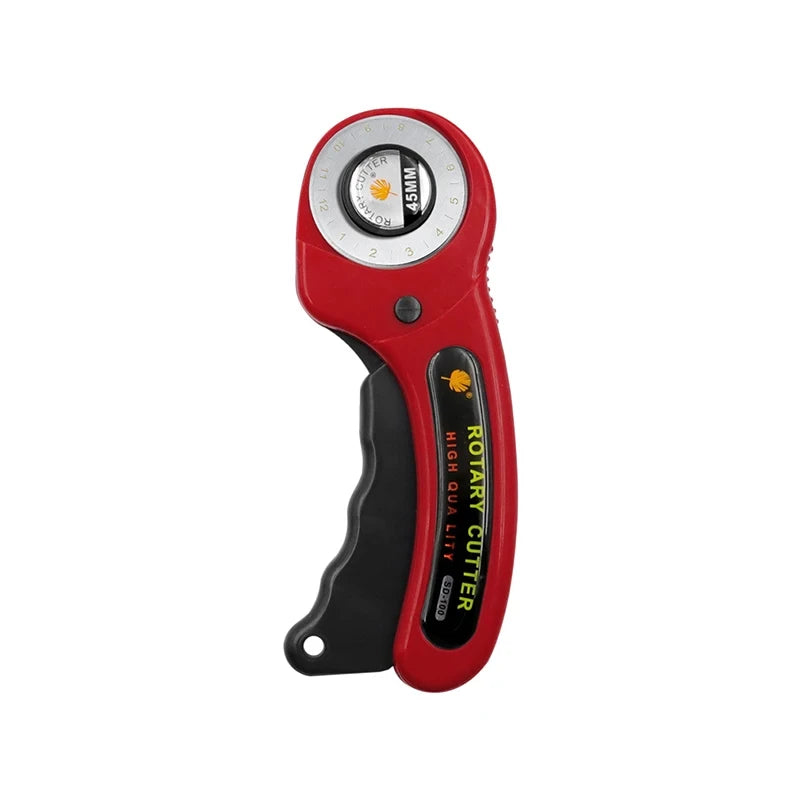 A red rotary cutter sewing kit with a cutting mat, ruler, and spare blades is shown.