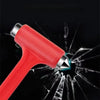 A red car emergency escape hammer is shown breaking glass with a sharp point against a black background.