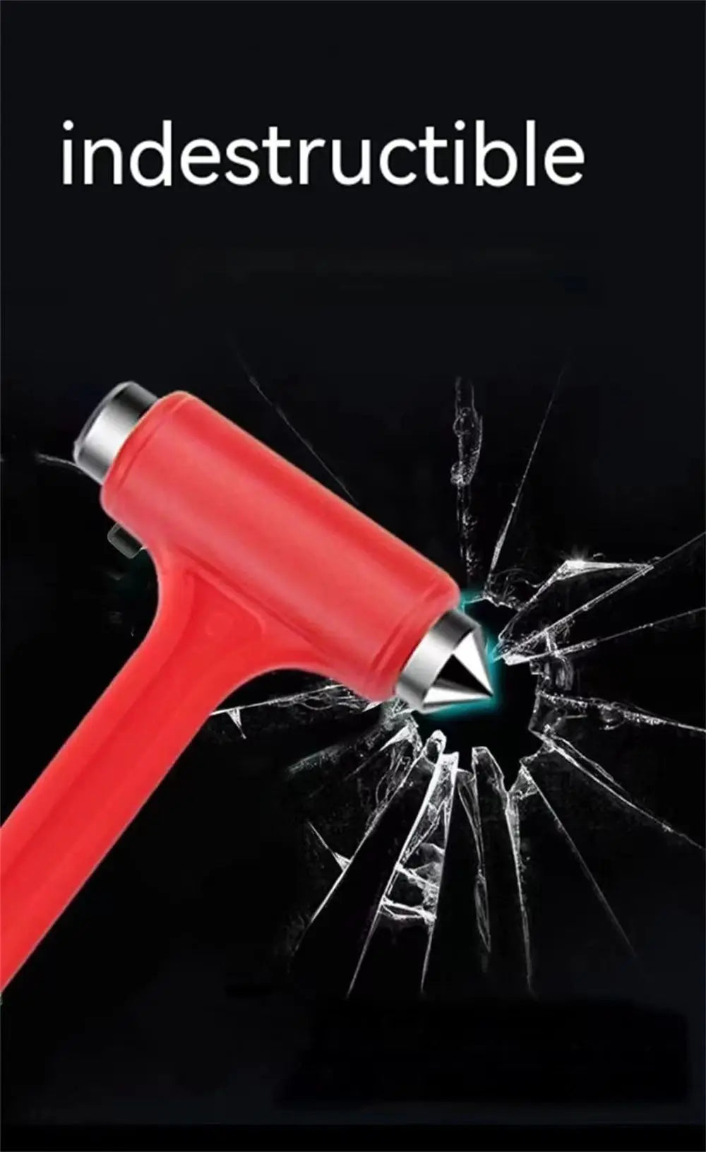 A red car emergency escape hammer is shown breaking glass with a sharp point against a black background.