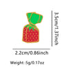 A bright red strawberry enamel pin with a green stem, measuring 3.5cm long.