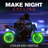 A motorcycle is shown with bright green glowing wheels and lights, set against a dark background.