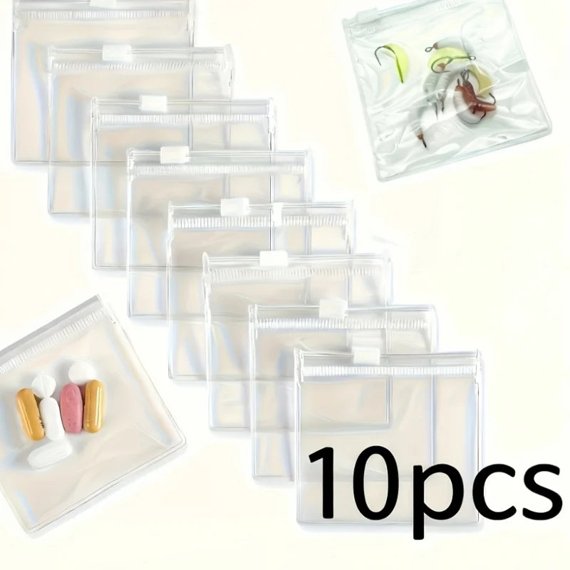 A clear plastic organizer bag containing ten small medical items like bandages and gauze pads.