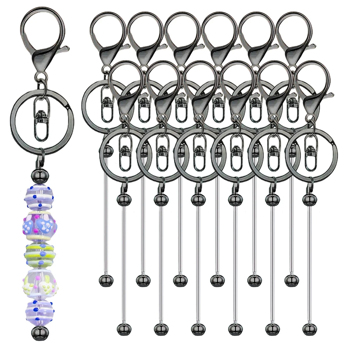 A set of metal beadable keychain bars for DIY jewelry making featuring various sizes and finishes.