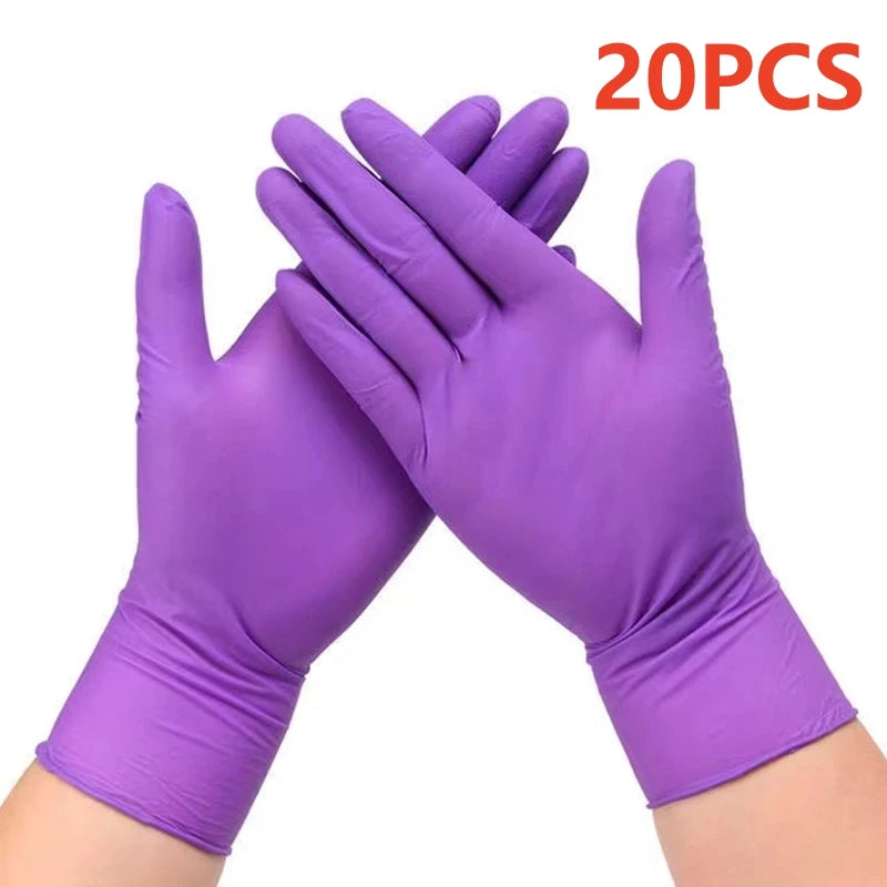 A pair of purple nitrile disposable gloves are shown stacked and held together, with the text 20PCS visible.