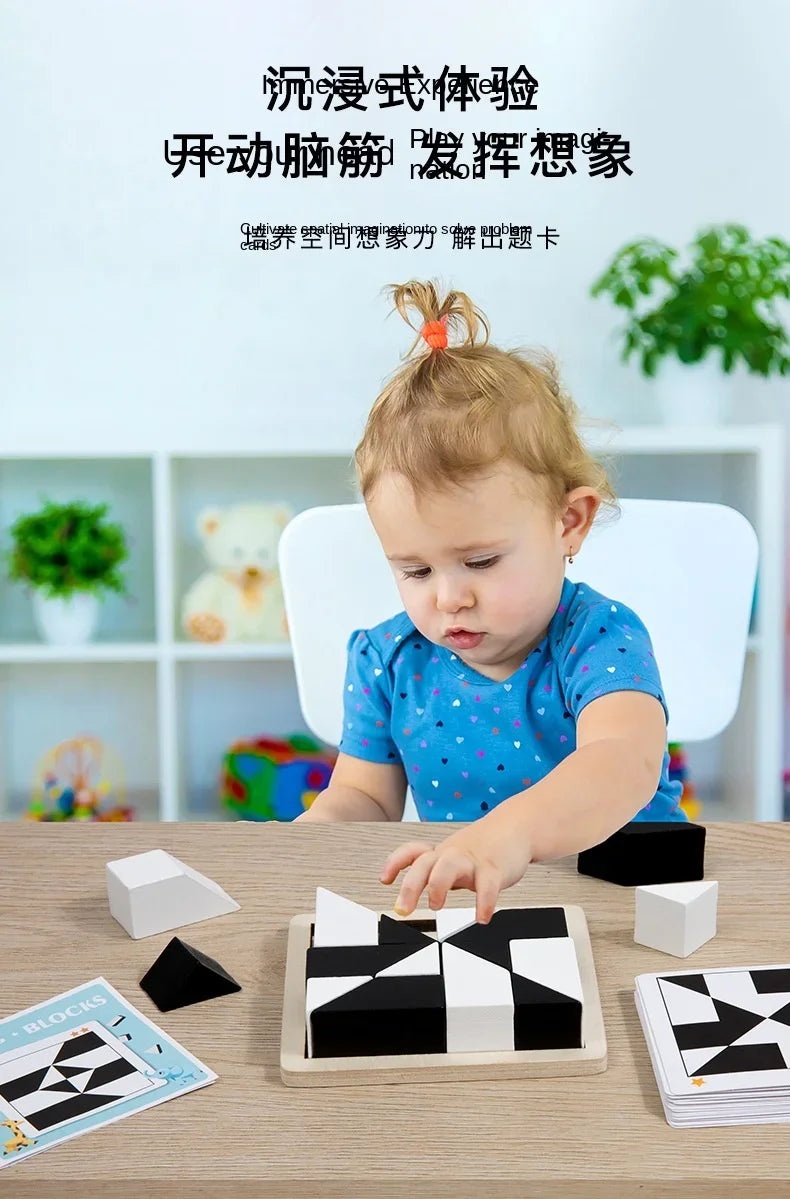 Wooden Geometric Shape Puzzle Blocks with Pattern Cards - Educational Logic Game for Kids