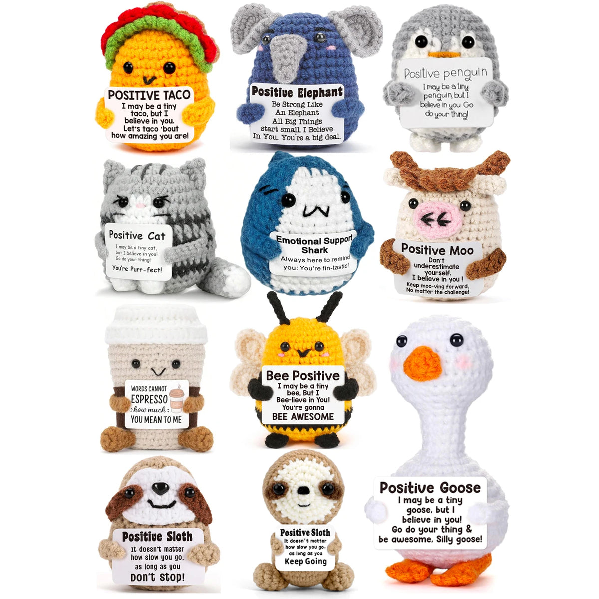 A collection of handcrafted crochet animal figurines, including a taco, elephant, penguin, cat, moo, bee, goose, and sloth, e