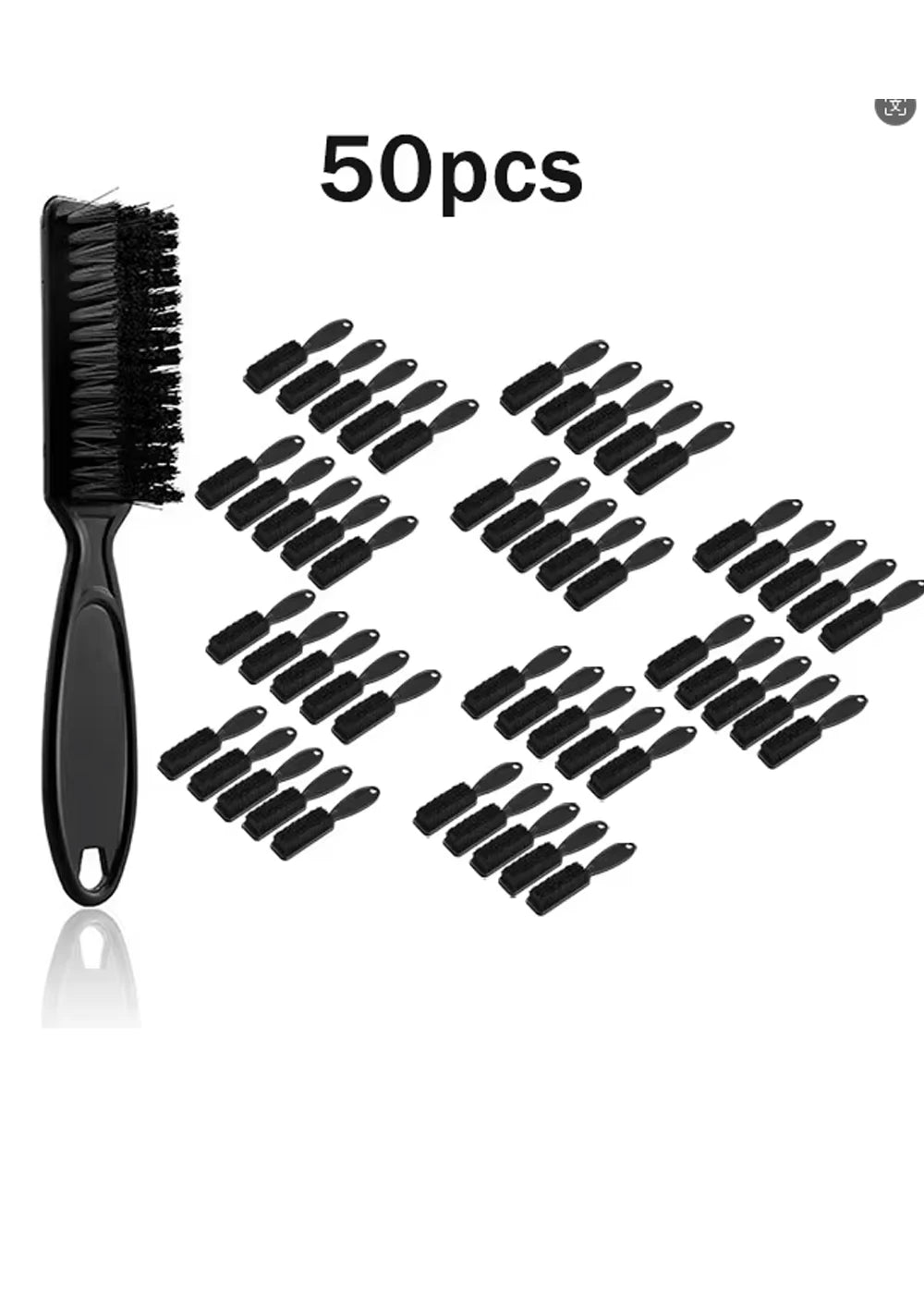 A set of 50 black grooming brushes for wigs and beards, including a large comb-like brush.