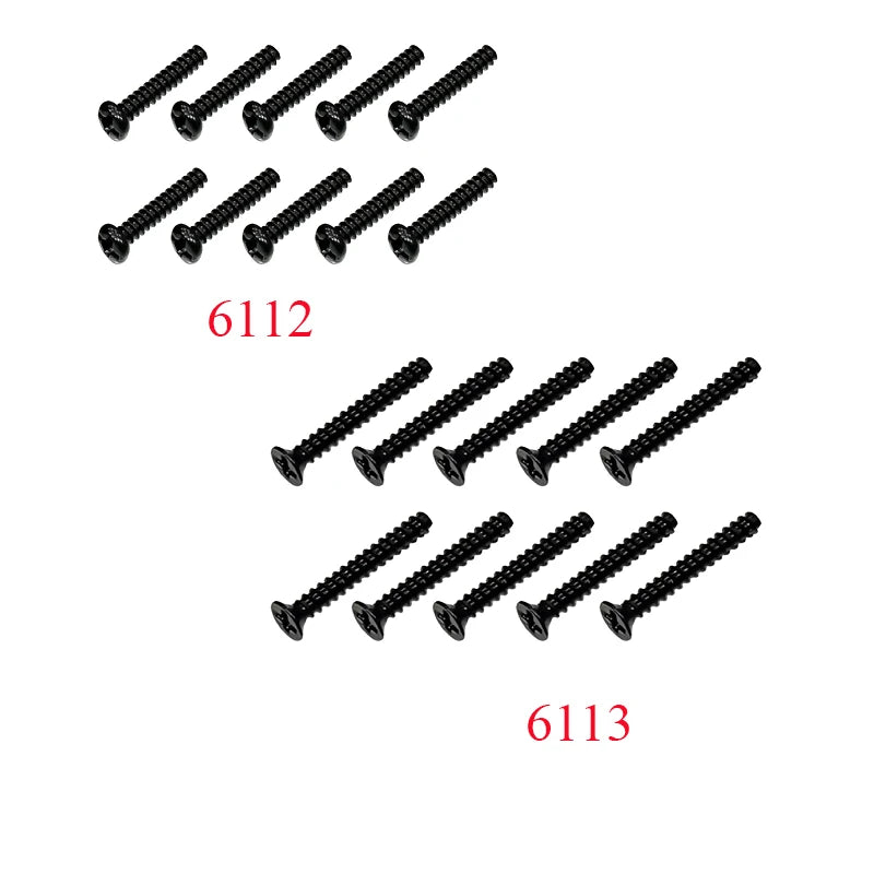 A collection of small black metal screws or pins, labeled 6112 and 6113.