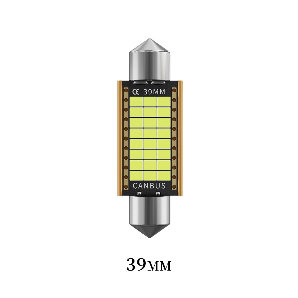 A silver LED festoon bulb with a 39mm size marking and a CANBUS connector.