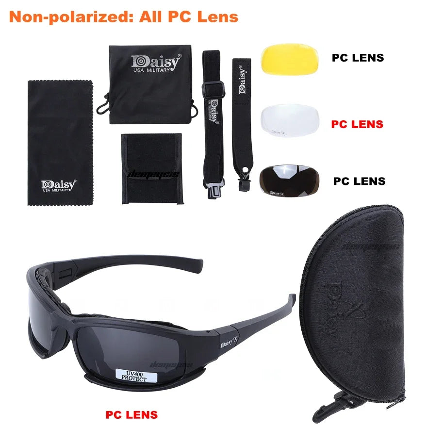 Muestra de un estuche para gafas tácticas y cuatro lentes intercambiables para usar con la montura.