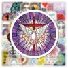 A circular stained glass design featuring a cross with wings radiating light in purple and pink hues.
