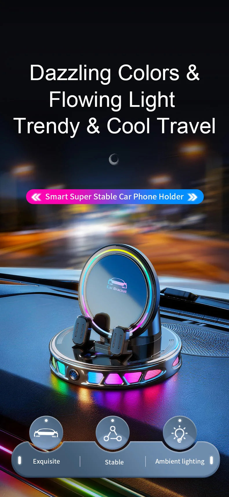 A circular car phone holder with an RGB ambient light is mounted on a car dashboard.