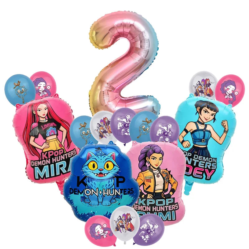 Pink and blue balloon letters spelling the number 2 for a K-pop demon hunters themed birthday party kit