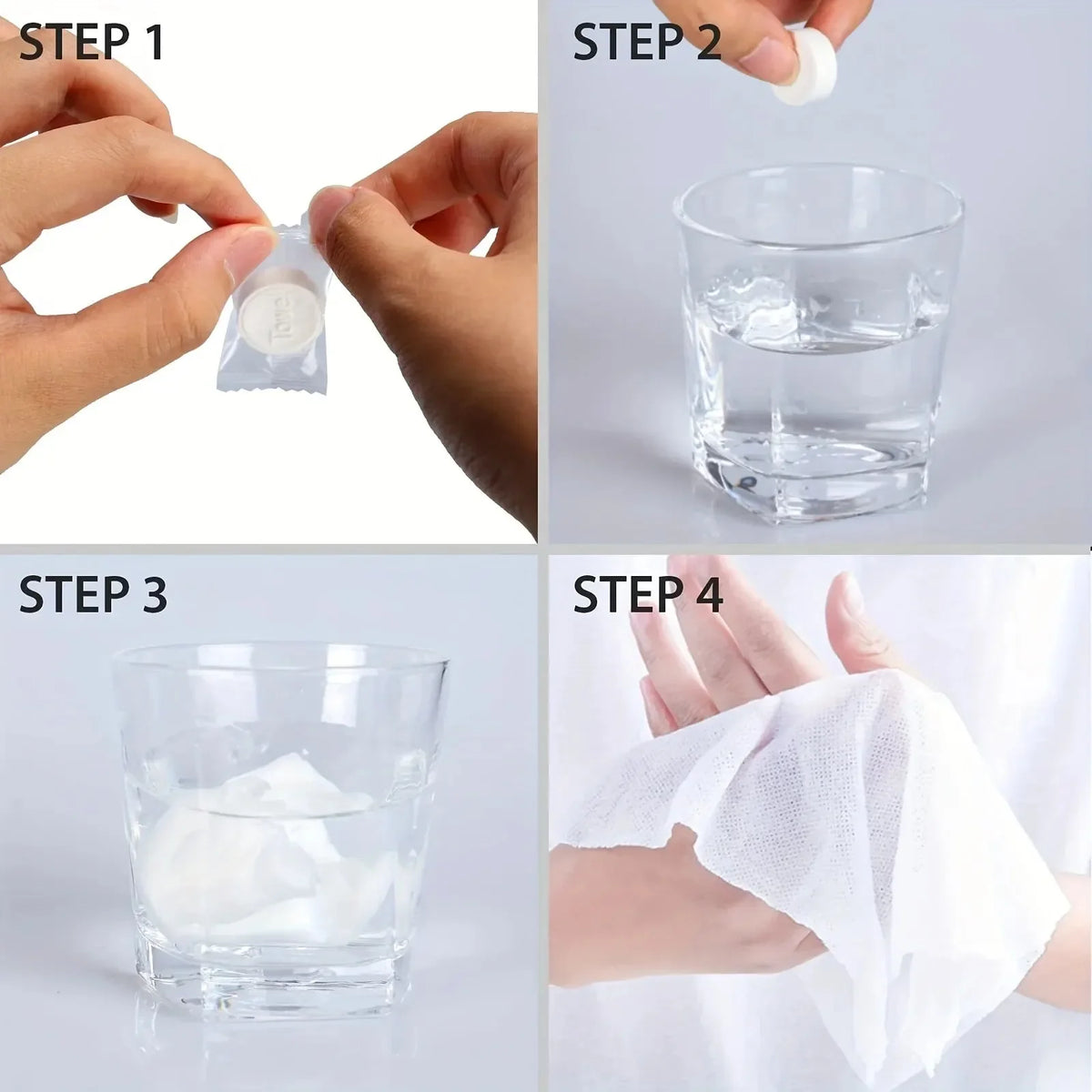 Four steps showing how to use compressed disposable towels for face and skin care