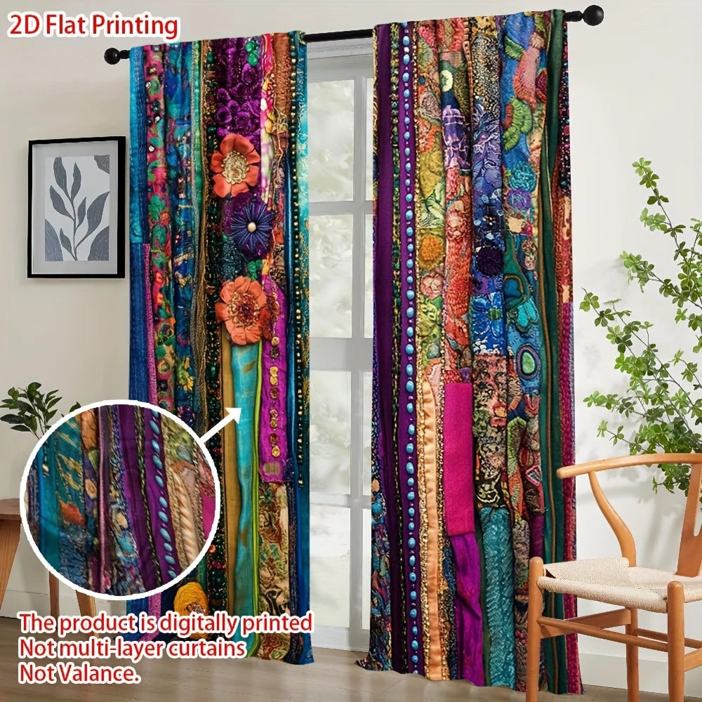 Two colorful multi-layer patchwork ethnic curtains hanging in a window frame.