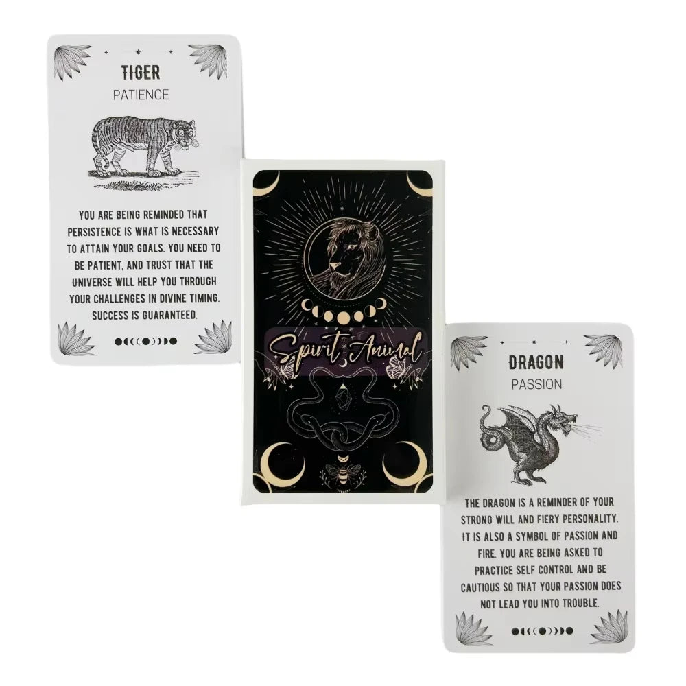 A set of three oracle cards featuring tiger, lion, and dragon spirit animals with corresponding meanings.