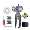 Precision grafting pruner with three interchangeable blades for fruit trees and vines, shown with various components.