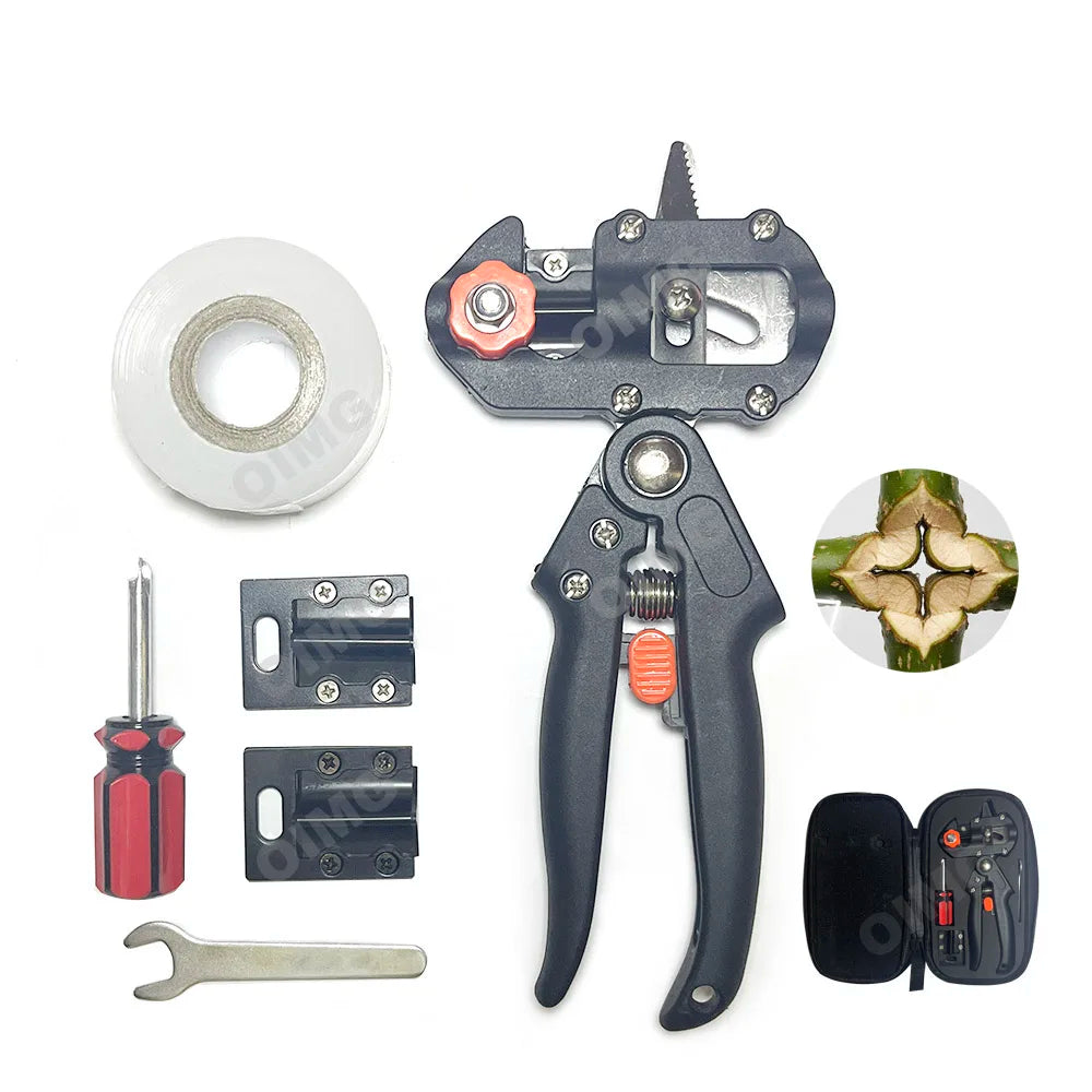Precision grafting pruner with three interchangeable blades for fruit trees and vines, shown with various components.