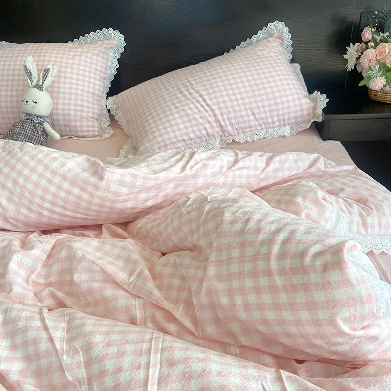Lace Trim Plaid Duvet Cover Set with Pillowcases