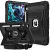 A black protective case for an iPad, shown with a screen display and the folded cover.