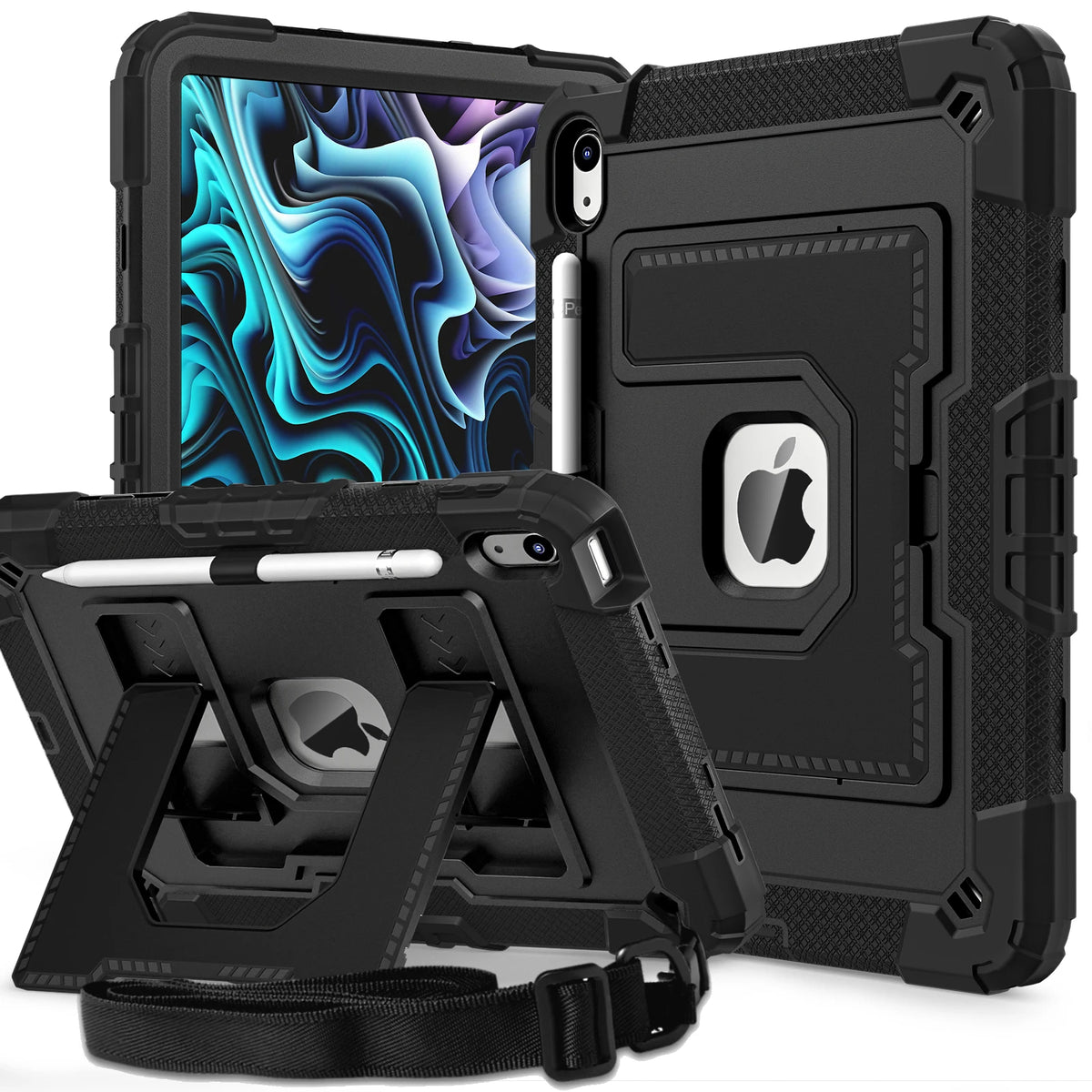 A black protective case for an iPad, shown with a screen display and the folded cover.