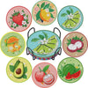 A set of nine DIY diamond art coasters featuring various fruits and vegetables on a metal stand.