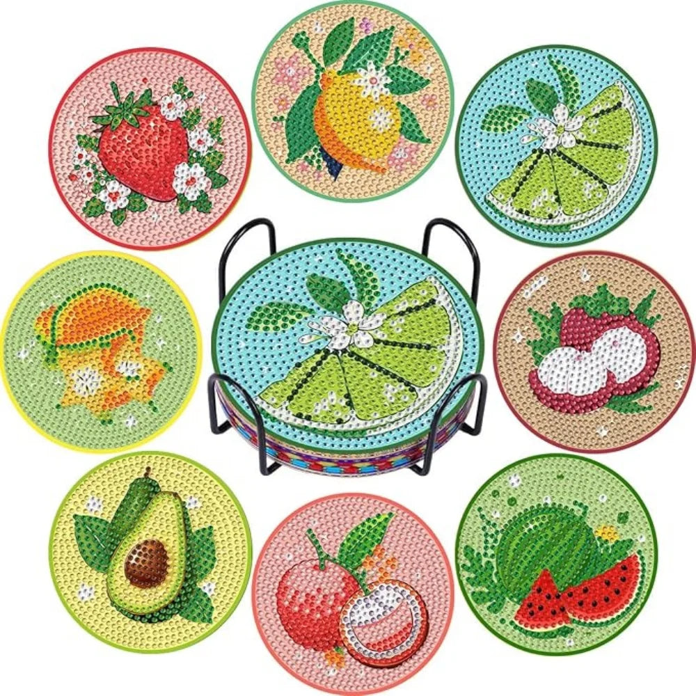A set of nine DIY diamond art coasters featuring various fruits and vegetables on a metal stand.