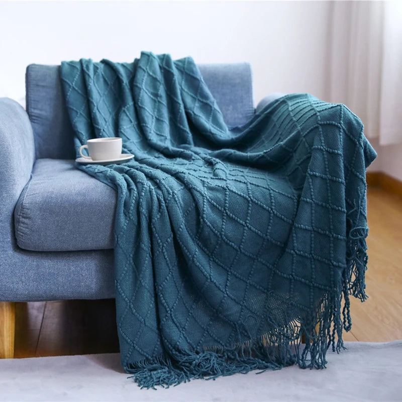 Khaki Knitted Throw Blanket with Tassels