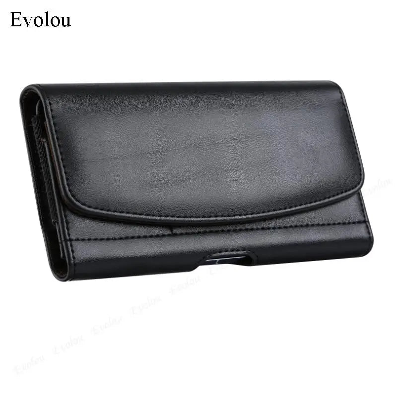 Black magnetic leather phone pouch with a belt clip holster.