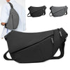 A black practical chest bag shown in various views, including a full view and smaller versions.