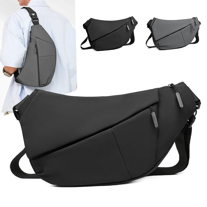 A black practical chest bag shown in various views, including a full view and smaller versions.