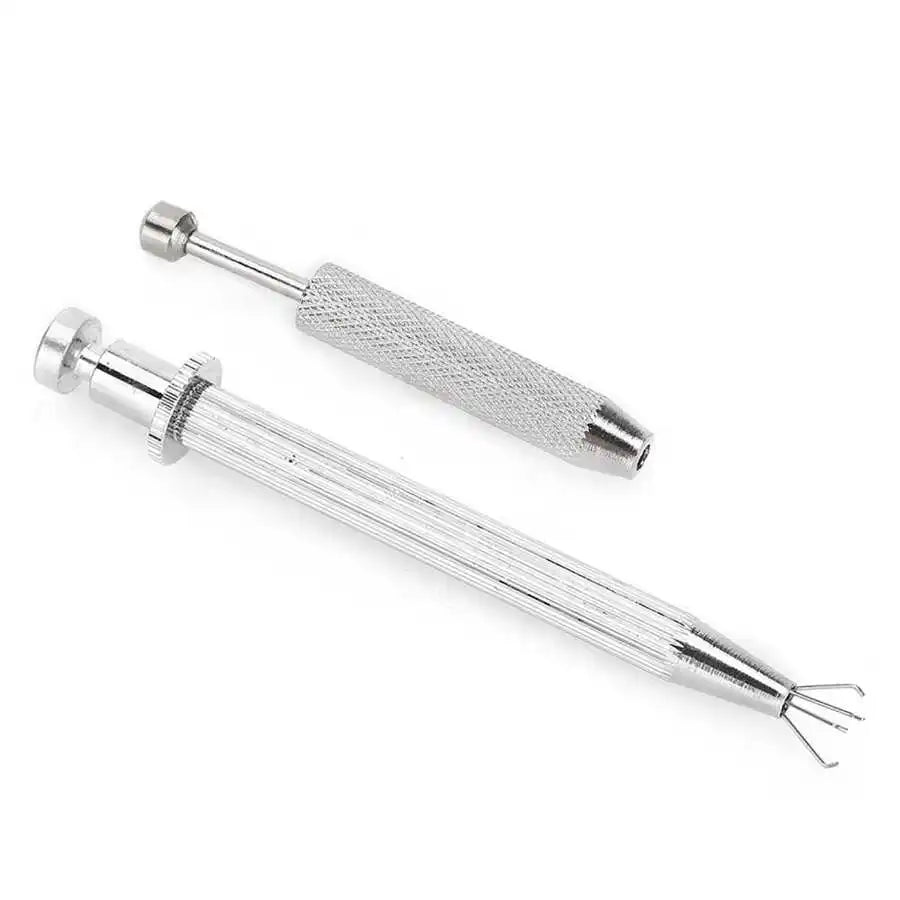 A silver precision 4-claw pick-up tool used for jewelry making and crafting.