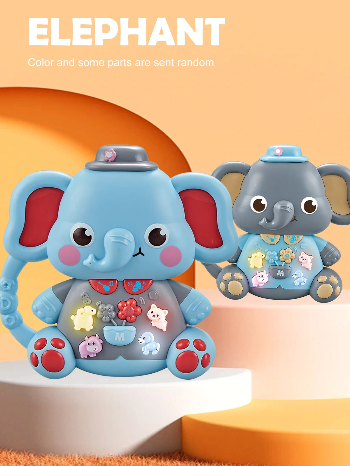 A cute blue elephant toy with colorful decorations and parts sent randomly, sitting on a light orange surface.
