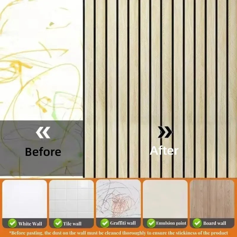 Before and after comparison of self-adhesive wood grain wallpaper installation on a wall.